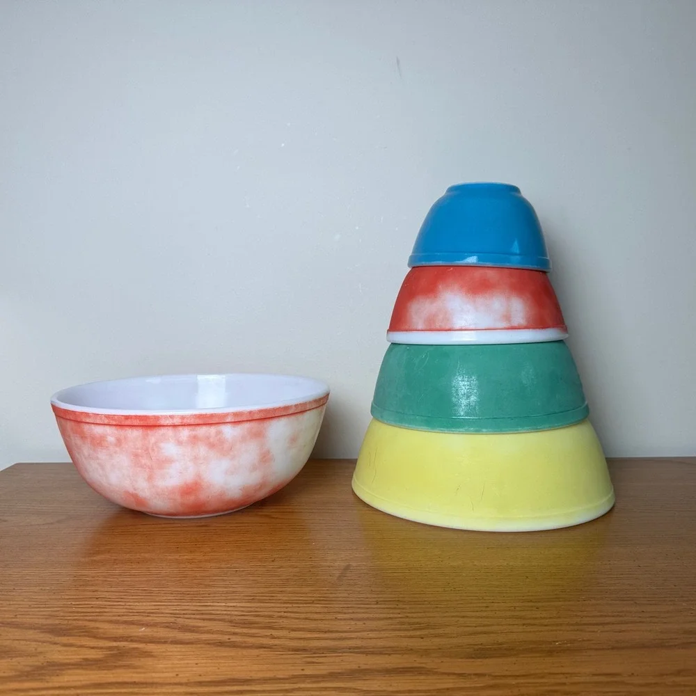 Pyrex Mixing Bowls Set of 5 Primary Colors Red Yellow Green‎ Blue Vintage